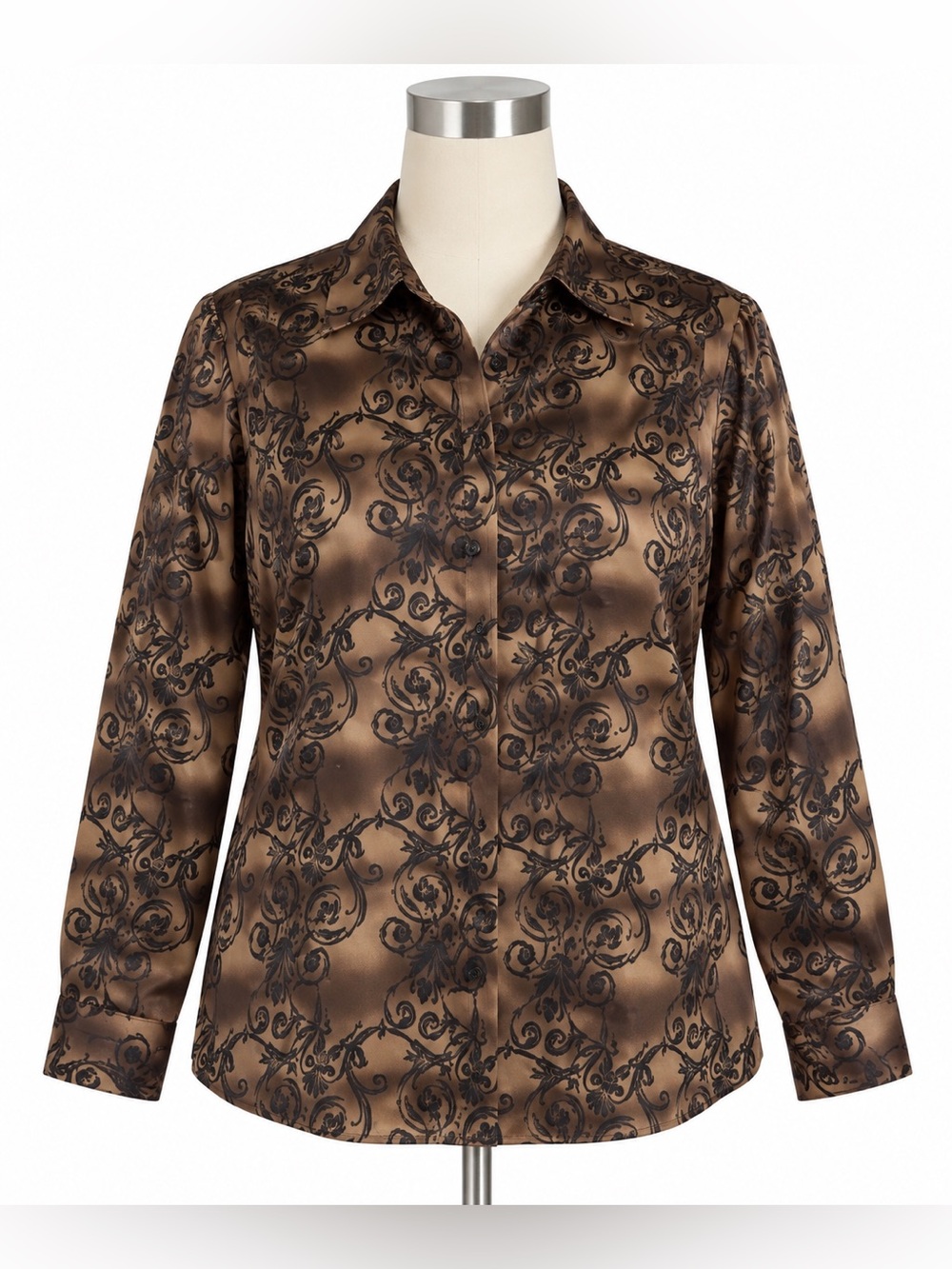 Notations Blouse Womens 16W Brown Floral Satin Button Front Long Sleeve Top